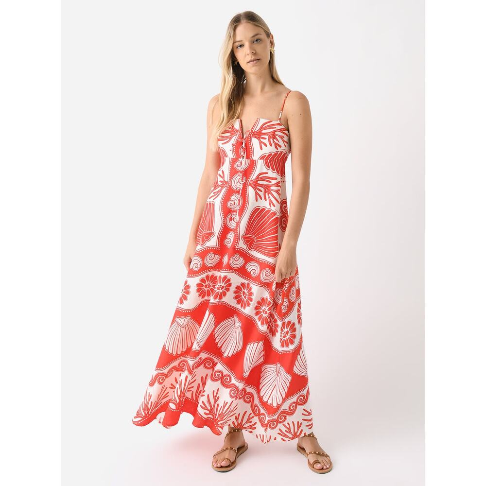NWT FARM RIO White Red Ainika Shell Maxi Dress Size XL Linen Blend